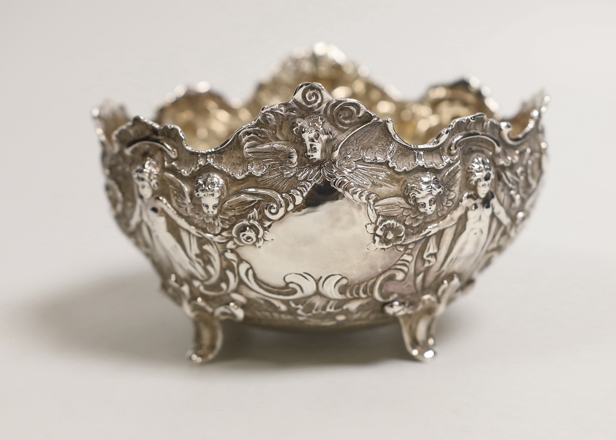 An early 20th century German embossed silver small oval bowl, import marks for Berthold Muller, London, 1903, length 12cm, 7.1oz.